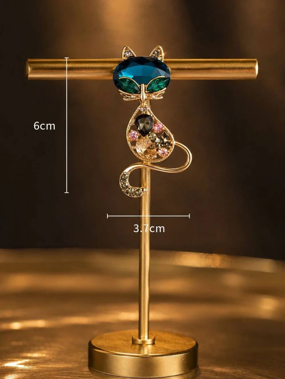 Gold-Tone Cat Brooch with Blue and Multicolor Crystals